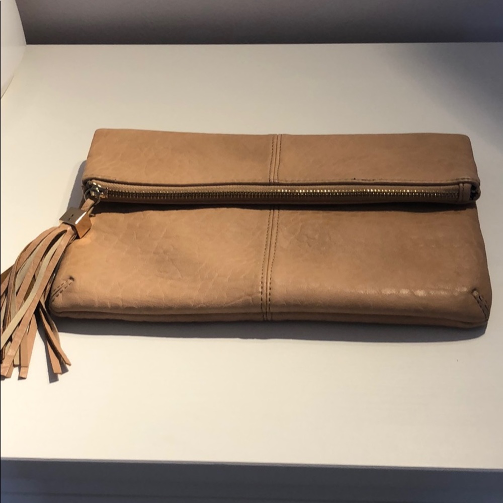 Leather tan shoulder and clutch purse